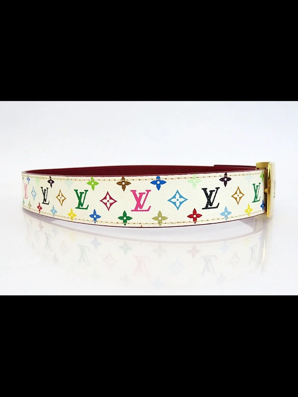 Louis Vuitton White Multicolor Monogram Belt with Gold LV Buckle